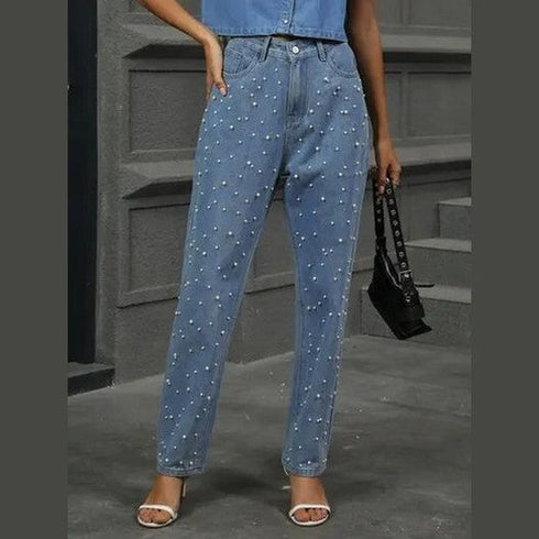'Dani' Pearl Detail Straight Jeans - Celes Fashion
